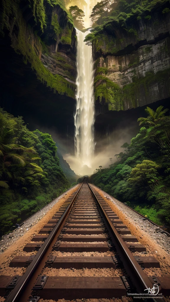 there is a train track going down the middle of a waterfall, an endless waterfall, Adventure Hyper Real Rendering, immense waterfall, stunning waterfall, railway, On the tracks in the jungle forest, waterfall, Railway tracks passing through it, rail, (waterfall), beautiful stunning waterfall, In the middle of the valley, alien waterfall, Surreal 3D rendering, Surreal landscape, inside a waterfall