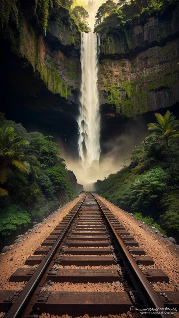 there is a train track going down the middle of a waterfall, an endless waterfall, Adventure Hyper Real Rendering, immense waterfall, stunning waterfall, railway, On the tracks in the jungle forest, waterfall, Railway tracks passing through it, rail, (waterfall), beautiful stunning waterfall, In the middle of the valley, alien waterfall, Surreal 3D rendering, Surreal landscape, inside a waterfall