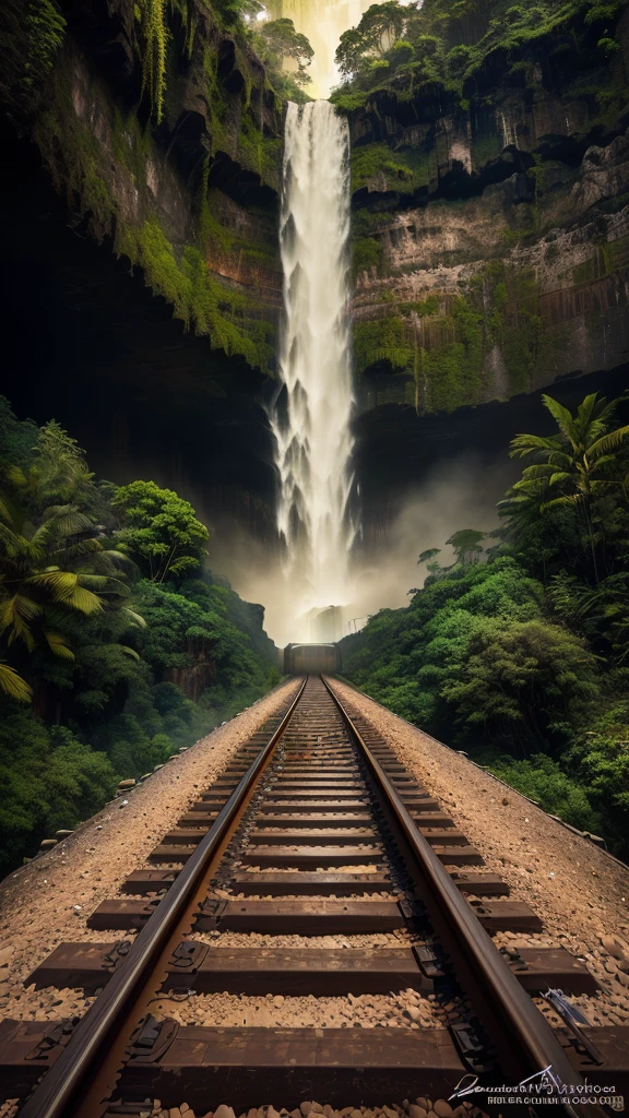 there is a train track going down the middle of a waterfall, an endless waterfall, Adventure Hyper Real Rendering, immense waterfall, stunning waterfall, railway, On the tracks in the jungle forest, waterfall, Railway tracks passing through it, rail, (waterfall), beautiful stunning waterfall, In the middle of the valley, alien waterfall, Surreal 3D rendering, Surreal landscape, inside a waterfall