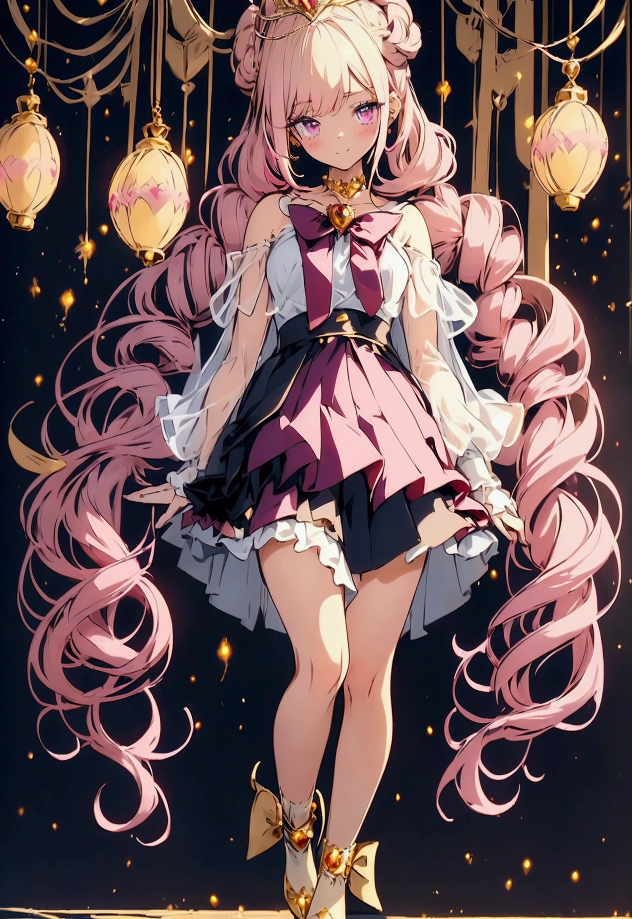 Create an anime-style girl with (((deep magenta eyes and long, wavy pink hair))) ((styled in an elegant frenchbraid)). (((She is slender, and with small breasts))). ((Ensure a full-body shot of her)) wearing a (((magical girl-themed outfit.))) ((The outfit features a fitted bodice with a sweetheart neckline, gold embroidery, and pastel pink accents. The bodice has delicate rose gold spider web patterns. She wears a multi-layered knee-length skirt with a high-low hemline, the outermost layer sheer with gold and rose gold spider web patterns. She has off-the-shoulder puff sleeves, arm-length pastel pink gloves with gold trim, and a gold choker with a red gemstone. The outfit includes a short, detachable sheer cape with rose gold spider web patterns and is fastened with gold brooches. She wears pastel pink ankle boots with gold heels and rose gold laces. Accessories include a gold tiara with a red gemstone and gold spider-shaped hairpins.)) The overall look is regal and ethereal, with magical glowing effects. cutesexy, purinpuon pixiv, no future, a hyperrealistic , hyperrealistic , realistic , seductive (anime girl), smooth anime cg art, beautiful alluring anime , (purinpuon pixiv), ((magical girl)), (masterpiece), best quality, expressive eyes, perfect face ((Highest quality))、((8K))、(((8k wallpaper))) ((Full Body Shot: 1.5))、ultra detailed, masterpiece, best quality, solo ((purinpuon pixiv, no future)) (((purinpuon pixiv, no future)))