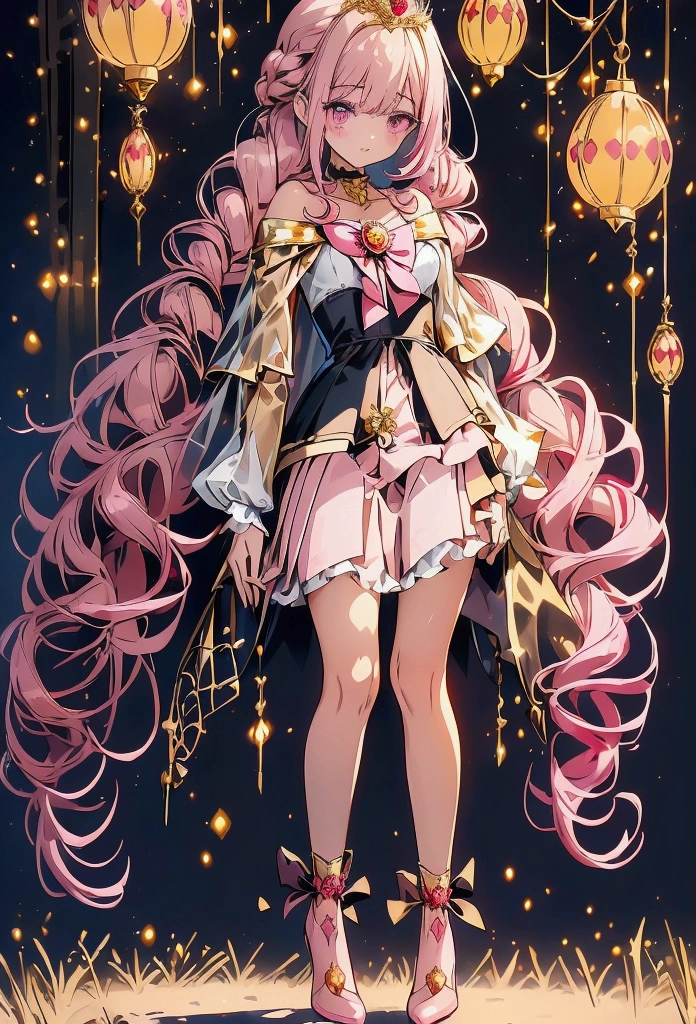 Create an anime-style girl with (((deep magenta eyes and long, wavy pink hair))) ((styled in an elegant frenchbraid)). (((She is slender, and with small breasts))). ((Ensure a full-body shot of her)) wearing a (((magical girl-themed outfit.))) ((The outfit features a fitted bodice with a sweetheart neckline, gold embroidery, and pastel pink accents. The bodice has delicate rose gold spider web patterns. She wears a multi-layered knee-length skirt with a high-low hemline, the outermost layer sheer with gold and rose gold spider web patterns. She has off-the-shoulder puff sleeves, arm-length pastel pink gloves with gold trim, and a gold choker with a red gemstone. The outfit includes a short, detachable sheer cape with rose gold spider web patterns and is fastened with gold brooches. She wears pastel pink ankle boots with gold heels and rose gold laces. Accessories include a gold tiara with a red gemstone and gold spider-shaped hairpins.)) The overall look is regal and ethereal, with magical glowing effects. cutesexy, purinpuon pixiv, no future, a hyperrealistic , hyperrealistic , realistic , seductive (anime girl), smooth anime cg art, beautiful alluring anime , (purinpuon pixiv), ((magical girl)), (masterpiece), best quality, expressive eyes, perfect face ((Highest quality))、((8K))、(((8k wallpaper))) ((Full Body Shot: 1.5))、ultra detailed, masterpiece, best quality, solo ((purinpuon pixiv, no future)) (((purinpuon pixiv, no future)))