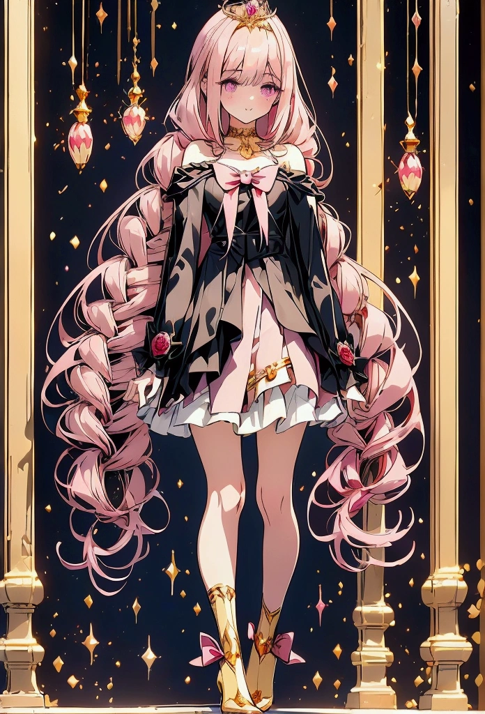 Create an anime-style girl with (((deep magenta eyes and long, wavy pink hair))) ((styled in an elegant frenchbraid)). (((She is slender, and  with small breasts))). ((Ensure a full-body shot of her)) wearing a (((magical girl-themed outfit.))) ((The outfit features a fitted bodice with a sweetheart neckline, gold embroidery, and pastel pink accents. The bodice has delicate rose gold spider web patterns. She wears a multi-layered knee-length skirt with a high-low hemline, the outermost layer sheer with gold and rose gold spider web patterns. She has off-the-shoulder puff sleeves, arm-length pastel pink gloves with gold trim, and a gold choker with a red gemstone. The outfit includes a short, detachable sheer cape with rose gold spider web patterns and is fastened with gold brooches. She wears pastel pink ankle boots with gold heels and rose gold laces. Accessories include a gold tiara with a red gemstone and gold spider-shaped hairpins.)) The overall look is regal and ethereal, with magical glowing effects. cutesexy, purinpuon pixiv, no future, a hyperrealistic , hyperrealistic , realistic , seductive (anime girl), smooth anime cg art, beautiful alluring anime teen, (purinpuon pixiv), ((magical girl)), (masterpiece), best quality, expressive eyes, perfect face ((Highest quality))、((8K))、(((8k wallpaper))) ((Full Body Shot: 1.5))、ultra detailed, masterpiece, best quality, solo ((purinpuon pixiv, no future)) (((purinpuon pixiv, no future)))