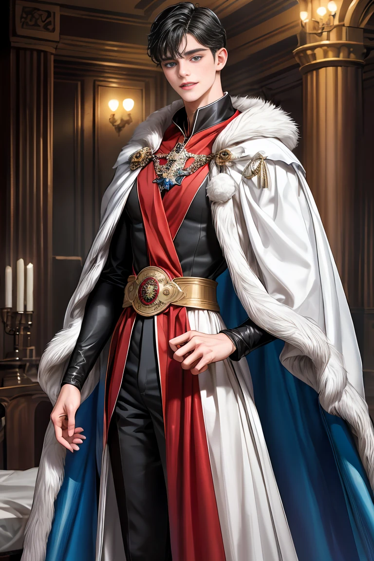 masterpiece, 最high quality, high quality, 1 boy, alone, Male focus, Watching the audience, Messy black hair, Adorable big blue eyes, White, Noble, Noble,A sexy, voluminous, puffy cape、vampire、A very voluminous, large, very large, very large, long, long red and black cape with a high stand-up collar, made of a lot of fabric that reaches down to the floor., 17 years old,Cute beautiful boys,Cute, cute, handsome boy with a gentle smile