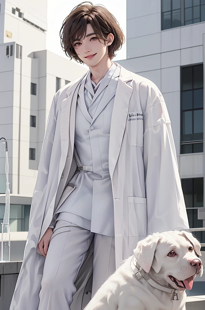 Doctor, 1 man, solo, sitting (Looking at the audience), (white lab coat:1.8),  ,Stylish clothes who is an adult /(brown hair/)  smile kindly (The best quality masterpiece:1.2) , Delicate illustrations, Special details, ( In front of the hospital