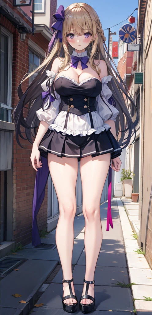 girl,Large Breasts,long hair,Topless,Bow,Blonde Hair, Purple Eyes, Cleavage,Large Breasts,whole body,foot