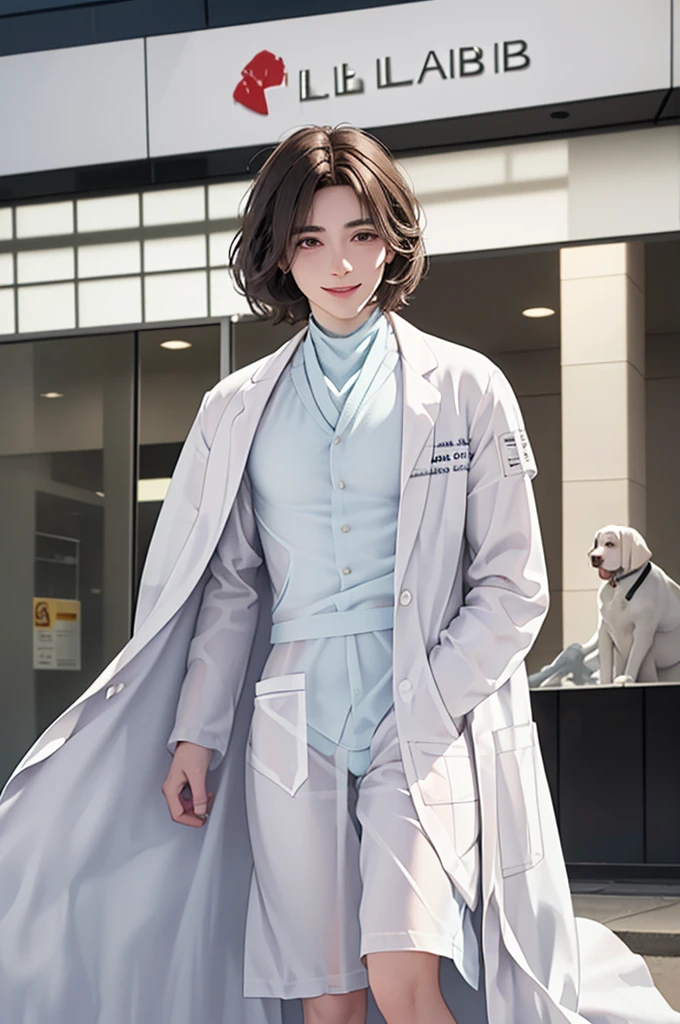 Doctor, 1 man, solo, sitting (Looking at the audience), (white lab coat:1.8),  ,Stylish clothes who is an adult /(brown hair/)  smile kindly (The best quality masterpiece:1.2) , Delicate illustrations, Special details, ( In front of the hospital