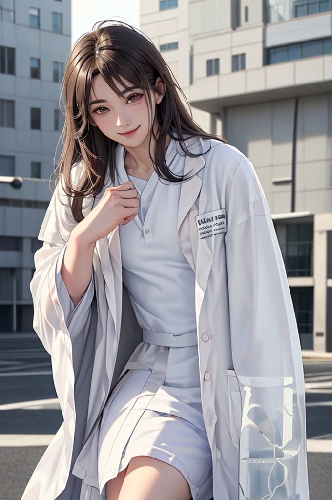 Doctor, 1 man, solo, sitting (Looking at the audience), (white lab coat:1.8),  ,Stylish clothes who is an adult /(brown hair/)  smile kindly (The best quality masterpiece:1.2) , Delicate illustrations, Special details, ( In front of the hospital