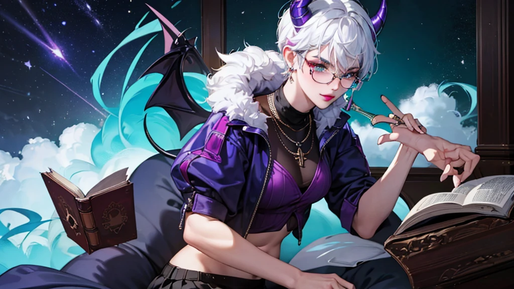 8k, masterpiece, best quality, highly detailed, 1 girl, tiefling, warlock, multicolored hair, very short straight hair green highlight hair on white hair, strippled hair, wearing glasses, round glasses, earrings, navel piercing, miniskirt, red eyeshadow, long eyelashes, blushed cheek, red lips, necklace, rings, collarbone, mole, glamorous, teal clothing, purple clothes, smirk, close up view, rings, looking at viewer, demon horns, solo, nightmarish landscape, blue pale moon, sitting, cosmic horror, decaying, holding devil books