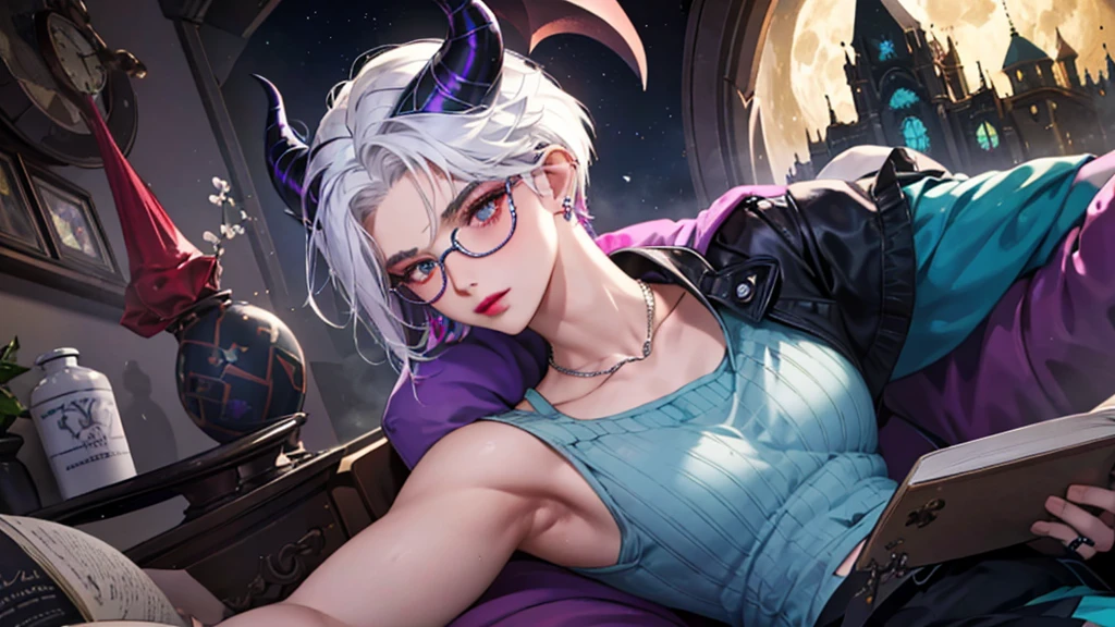 8k, masterpiece, best quality, highly detailed, 1 girl, tiefling, warlock, multicolored hair, very short straight hair green highlight hair on white hair, strippled hair, wearing glasses, round glasses, earrings, navel piercing, miniskirt, red eyeshadow, long eyelashes, blushed cheek, red lips, necklace, rings, collarbone, mole, glamorous, teal clothing, purple clothes, smirk, close up view, rings, looking at viewer, demon horns, solo, nightmarish landscape, blue pale moon, sitting, cosmic horror, decaying, holding devil books