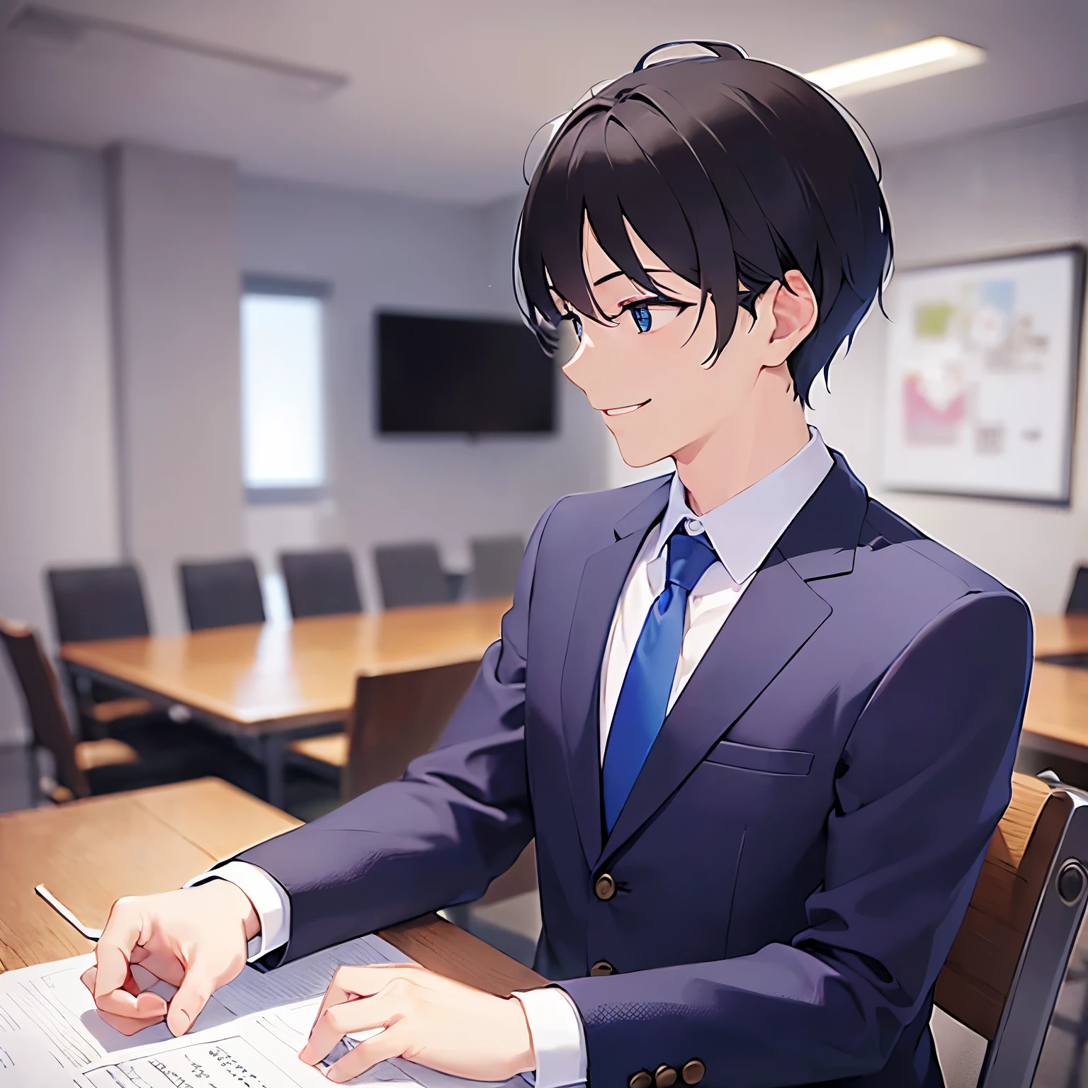 side angle, (looking away:1.5), upper body、
masterpiece、Highest quality、
(25-year-old male:1.5) and(Black short hair) and (blue eyes), 
(suit:1.5) and (Blue tie）(suit:1.5) and (Blue tie）、
(smile:1.5), The background is the conference room、(Alone:1.5)、Upper body is shown