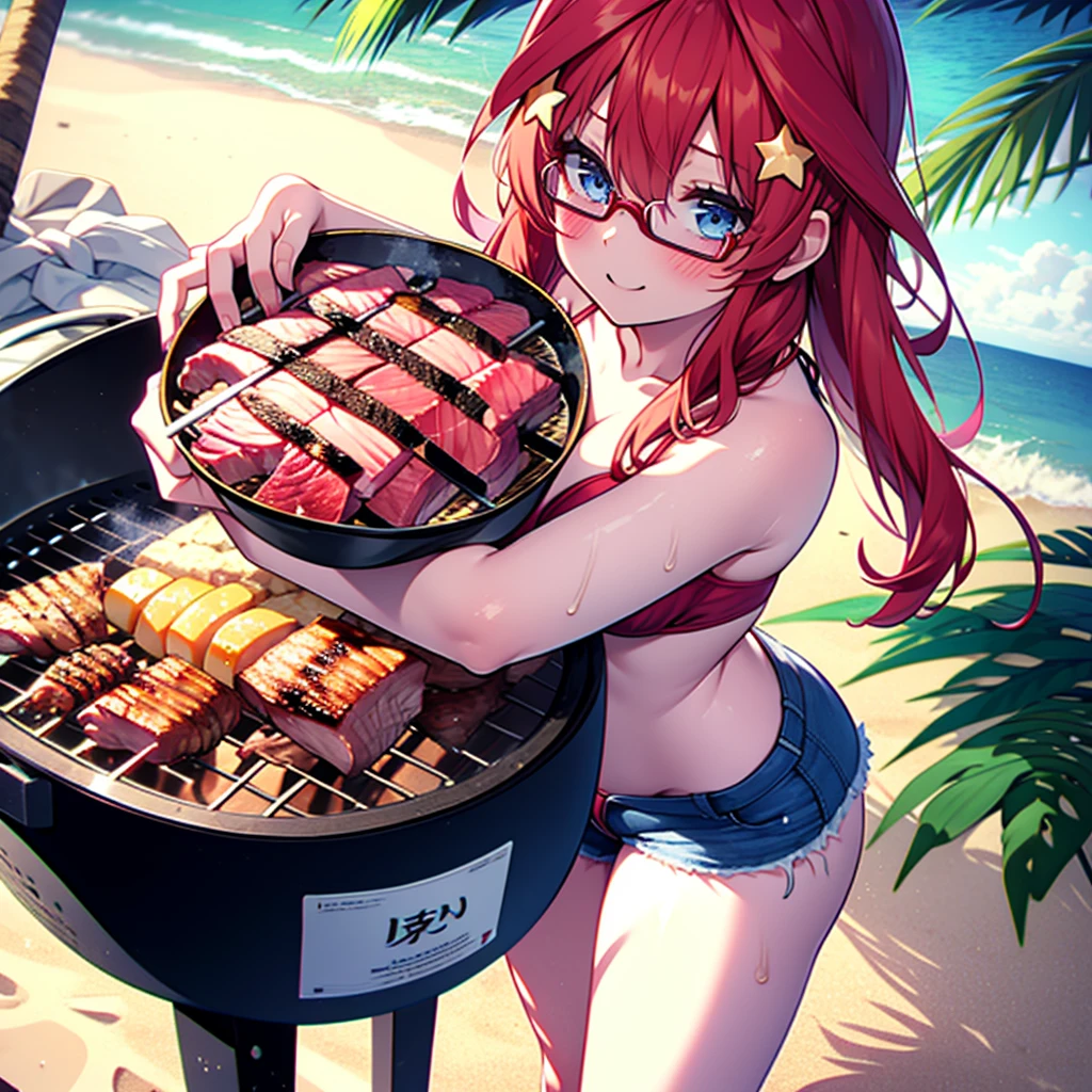 itsukinakano, Itsuki Nakano, bangs, blue eyes, Hair between the eyes, Ahoge, Redhead, star \(symbol\), hair ornaments, star hair ornaments,low twin tail,Black-rimmed glasses,happy smile, smile, Open your mouth,Red Bikini Swimsuit,Shorts,barefoot,Sweat,Beach,barbecue,cooking,Grilled meat,barbecue,Grilling meat,eating meat,Grilled meat,Palm tree,True Summer,Daytime,Clear skies,
break indoors, Beach,Sandy Beach,
break looking at viewer, (Cowboy Shot:1.5),
break (masterpiece:1.2), Highest quality, High resolution, unity 8k wallpaper, (figure:0.8), (Beautiful attention to detail:1.6), Highly detailed face, Perfect lighting, Highly detailed CG, (Perfect hands, Perfect Anatomy),