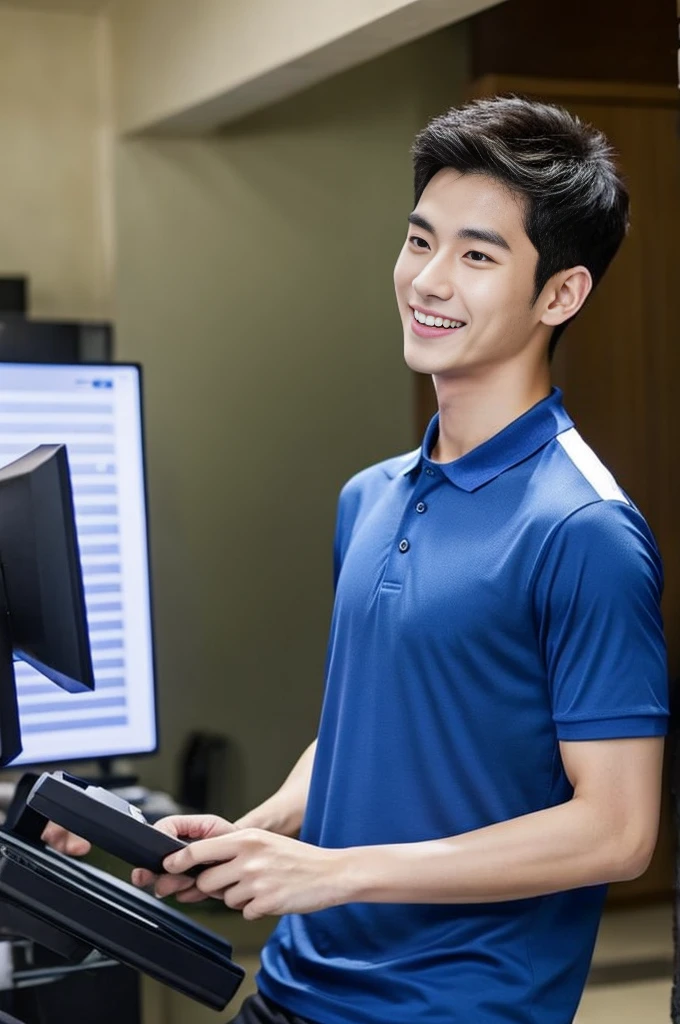 Korean man, Inspiration from Peng Yuyan, 23 years old, Korean muscular man ,The computer room is in the back, tight sports t-shirts, navy blue., open mouth smile
