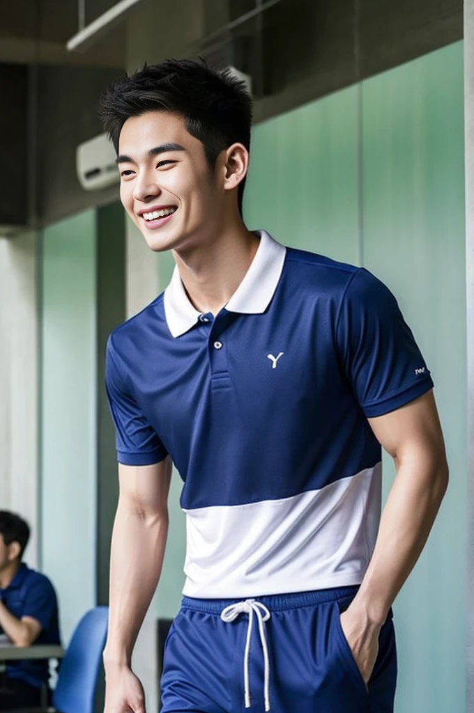 Korean man, Inspiration from Peng Yuyan, 23 years old, Korean muscular man ,The computer room is in the back. Sports t-shirts, polo, tight, navy blue., open mouth smile