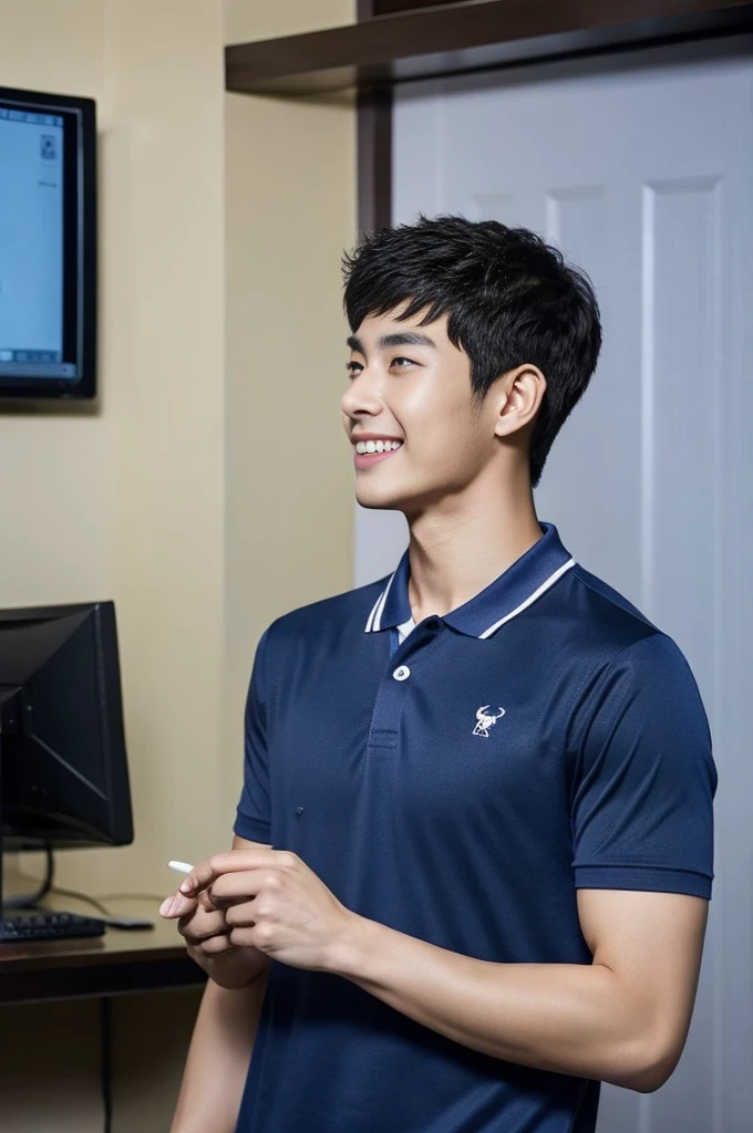 Korean man, Inspiration from Peng Yuyan, 23 years old, Korean muscular man ,The computer room is in the back. Sports t-shirts, polo, tight, navy blue., open mouth smile