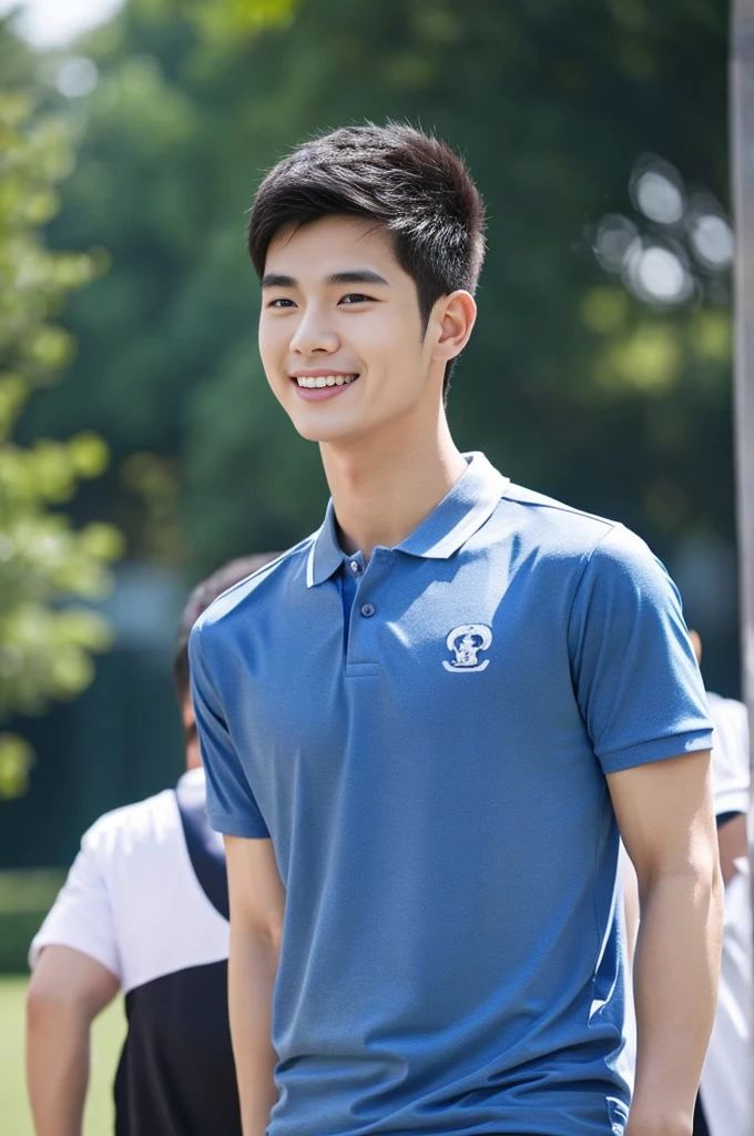 Korean man, Inspiration from Peng Yuyan, 23 years old, Korean muscular man ,The computer room is in the back. Sports t-shirts, polo, tight, navy blue., open mouth smile