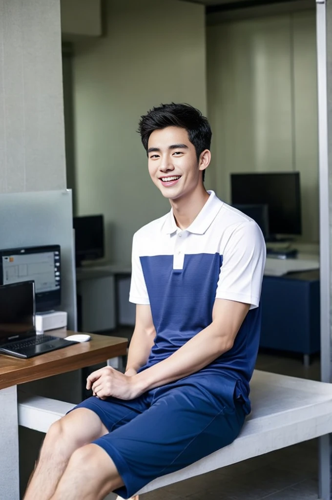 Korean man, Inspiration from Peng Yuyan, 23 years old, Korean muscular man ,The computer room is in the back. Sports t-shirts, polo, tight, navy blue., open mouth smile