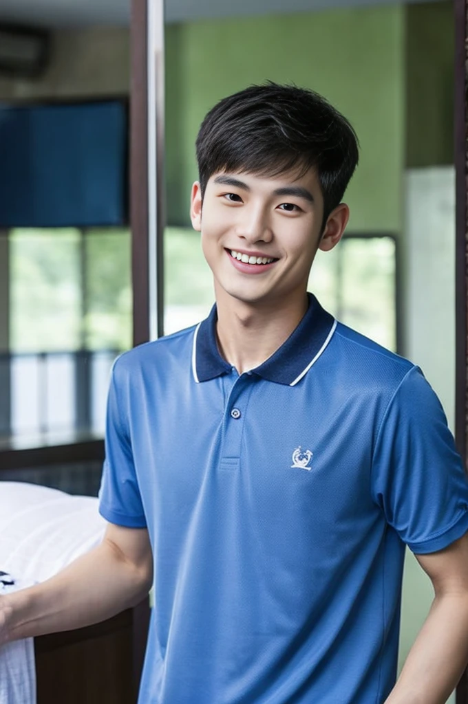 Korean man, Inspiration from Peng Yuyan, 23 years old, Korean muscular man ,The computer room is in the back. Sports t-shirts, polo, tight, navy blue., open mouth smile