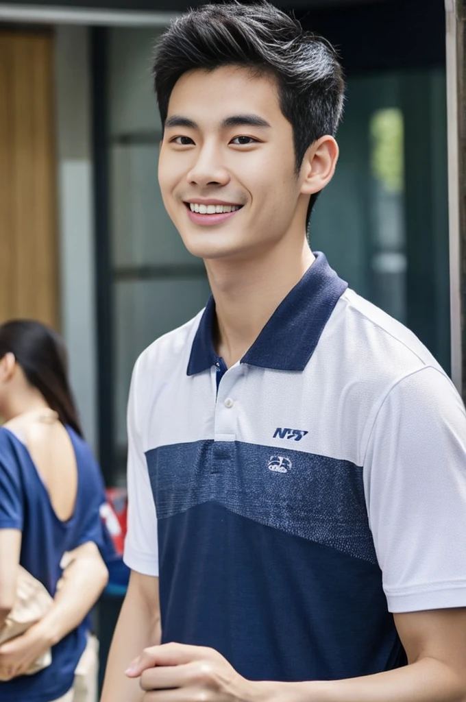 Korean man, Inspiration from Peng Yuyan, 23 years old, Korean muscular man ,The computer room is in the back. Sports t-shirts, polo, tight, navy blue., open mouth smile