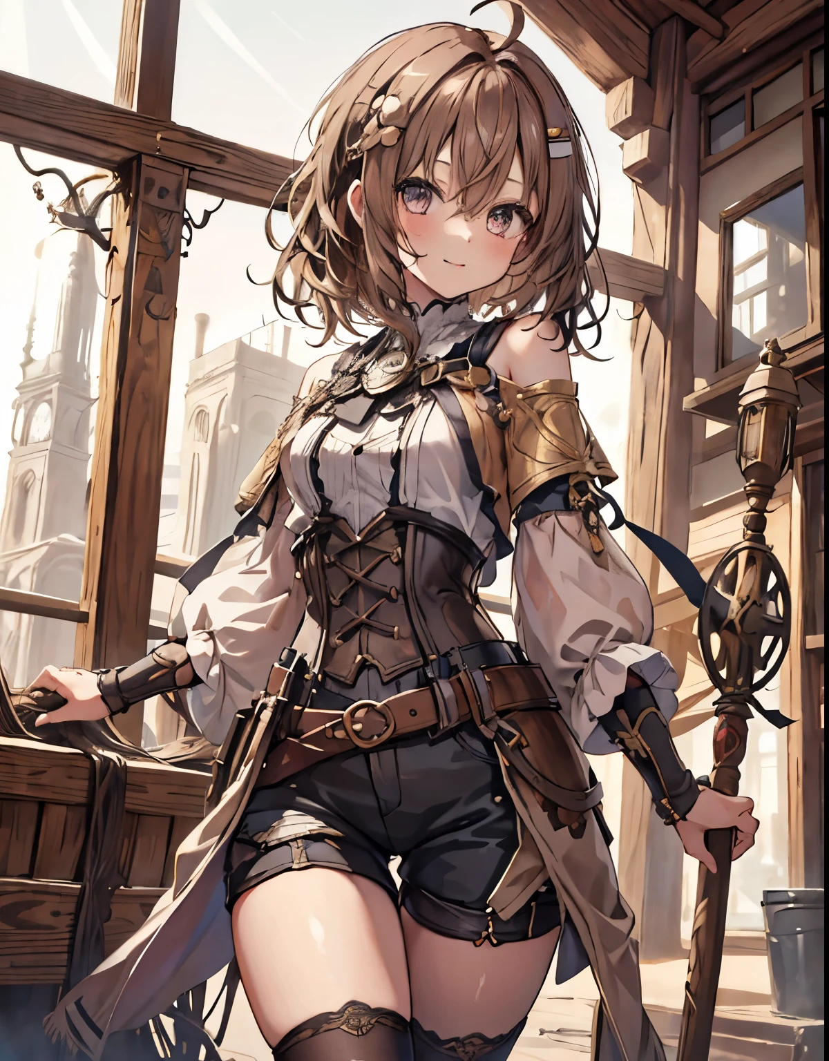 masterpiece, 1girl, sparrow, a brown haired girl, wearing a adventurer clothes, curly short hair, messy hair, slim body, he close her left eye, shirt ornament, ruby eyes, ahoge, baby face, small breast, beautiful breasts, rounded breasts, long sleeves, beautiful eyes, white stocking, droopy eyes, her age is 19 years old, azusa_bluearchive, seductive face, medium hair, smile, curly hair, knight armor, tight shorts