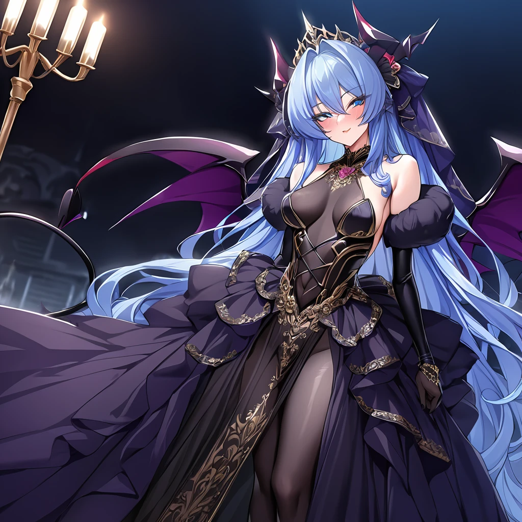 ((Highest quality)), ((masterpiece)), (detailed), (Perfect Face)、The woman was a beautiful, jet-black archdemon with jet-black skin, the evil queen of the demon world, Devil Queen Extia, with medium-long blue hair, wearing a gorgeous black wedding dress with gold embroidery and trim, a black wedding veil, an engagement ring, and luxurious accessories, a beautiful, elegant archdemon, the Demon Queen, lavishly decorated and jeweled.、A beautiful, jet-black-skinned demon with magnificent devil horns, devil wings, and a devil tail.
