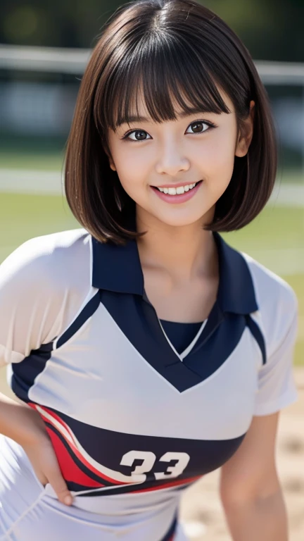 masterpiece）、(Highest quality:1.5)、(Photorealistic:1.2)、(Surreal), (High resolution), (Realistic), (Post-processing),(Sharp focus), Sharp focus:1.2,Backlight, (Improvement of quality:1.4), (Narrow waist)、((Perfectly detailed five-fingered hands)),（Anatomically correct body）、((1 female:1.4))、Japanese、Realistic Skin、（Small chest：1.4）、Bust size is A cup、Pretty woman with perfect figure:1.4,(from the front:1.5), (Enhances the beauty of skin texture:1.1),No makeup、美しいBlack Hair、smile、Natural color lip、(Small Mouth:1.4)、The mouth is not open、Thick lips、(Oval Face)、Even bangs、Hide eyebrows with bangs、((33-year-old woman))、Bob Hair、Hair blowing in the wind, (Black Hair, Iris, Watery eyes, Shining Eyes, Bob cut hair,), Hair behind the ear、No makeup、(Drooping eyes)、(((One lovely woman)),((優しい大きなsmile)),(( Small breasts,Small breastsの谷間)),((((Plump Cheeks)))),very cute,(Baby Face),Raccoon face、Volleyball Uniforms、Volleyball court in gym、smile
