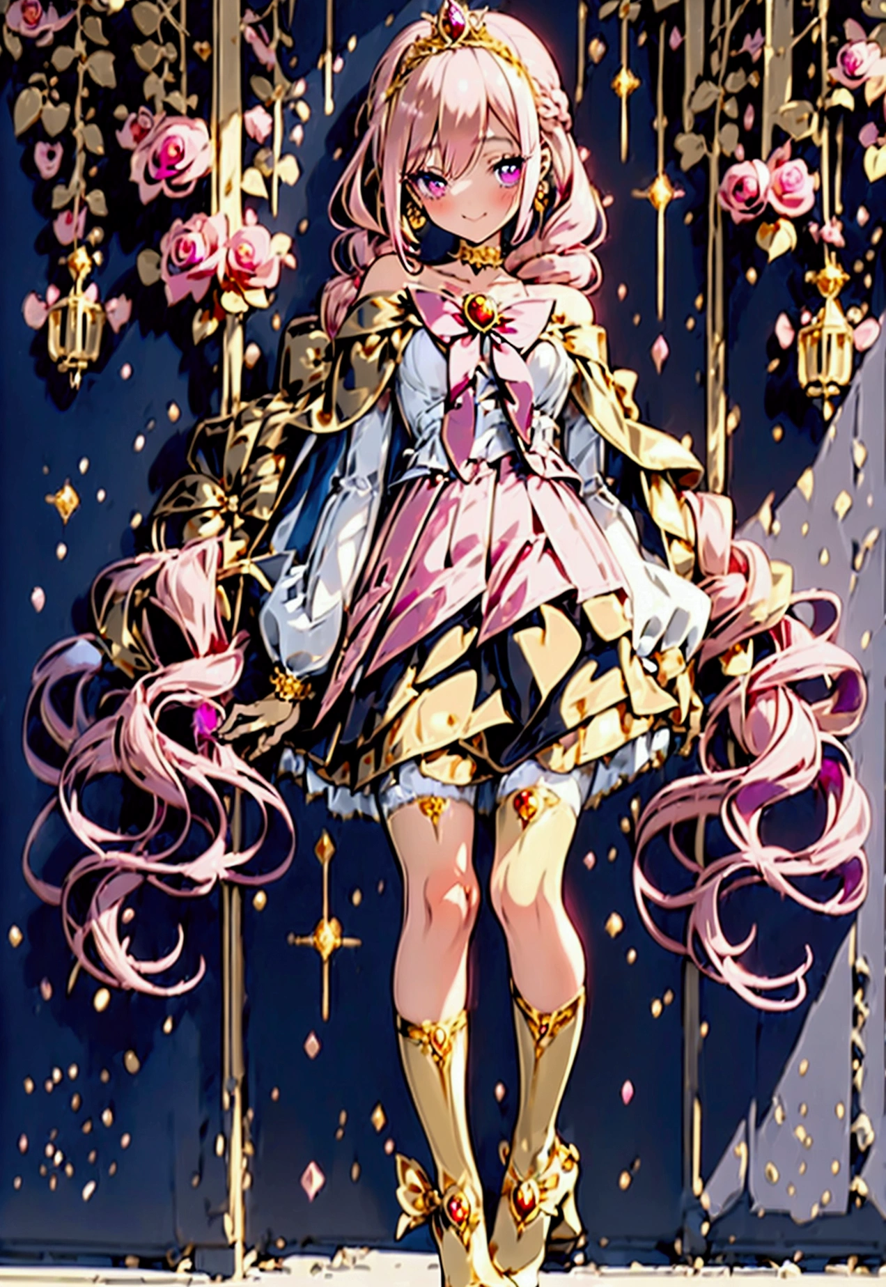 Create an anime-style girl with (((deep magenta eyes and long, wavy pink hair))) ((styled in an elegant frenchbraid)). (((She is slender, and with small breasts))). ((Ensure a full-body shot of her)) wearing a (((magical girl-themed outfit.))) ((The outfit features a fitted bodice with a sweetheart neckline, gold embroidery, and pastel pink accents. The bodice has delicate rose gold spider web patterns. She wears a multi-layered knee-length skirt with a high-low hemline, the outermost layer sheer with gold and rose gold spider web patterns. She has off-the-shoulder puff sleeves, arm-length pastel pink gloves with gold trim, and a gold choker with a red gemstone. The outfit includes a short, detachable sheer cape with rose gold spider web patterns and is fastened with gold brooches. She wears pastel pink ankle boots with gold heels and rose gold laces. Accessories include a gold tiara with a red gemstone and gold spider-shaped hairpins.)) The overall look is regal and ethereal, with magical glowing effects. cutesexy, purinpuon pixiv, no future, a hyperrealistic , hyperrealistic , realistic , seductive (anime girl), smooth anime cg art, beautiful alluring anime , (purinpuon pixiv), ((magical girl)), (masterpiece), best quality, expressive eyes, perfect face ((Highest quality))、((8K))、(((8k wallpaper))) ((Full Body Shot: 1.5))、ultra detailed, masterpiece, best quality, solo ((purinpuon pixiv, no future)) (((purinpuon pixiv, no future)))