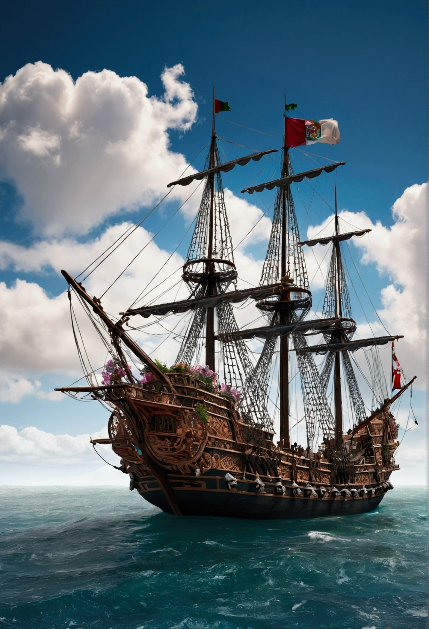 A 16th century Portuguese ship at anchor with its crew, first work, Better Quality, high quality, papel de parede Very detailed da unidade CG 8k, landscape, Outdoor, heaven, cloud, teeth, Portuguese Caravel, March, crew, Award-winning photography, Bokeh, Depth of written boundary, High resolution, flower, chromatic aberration, Realistic, Very detailed, Trending on Art Station, CGsociety Trends, Complex, high definition, dramatic, Art on the road