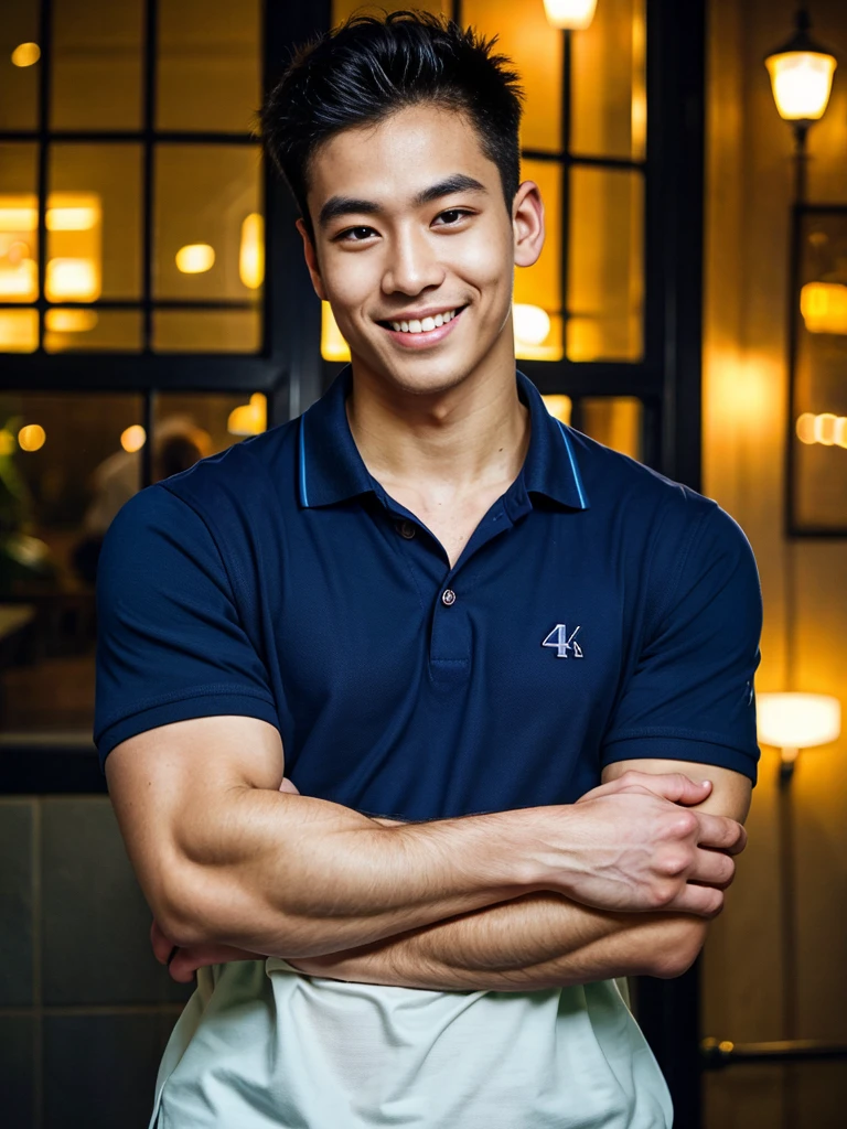 (best quality, 4K, 8k, high resolution, Masterpiece: 1.2), Special details, (realistically, As realistic as a photo, photo realistic: 1.37), Edge lighting, Extra detailed coloring, sharp focus, Physical rendering ,Extremely detailed description,professional,light color,Bokeh,Portrait,look at the viewer, Young Asian man, 20 years old ,(Wear a navy polo shirt.), smile ,Wide yard