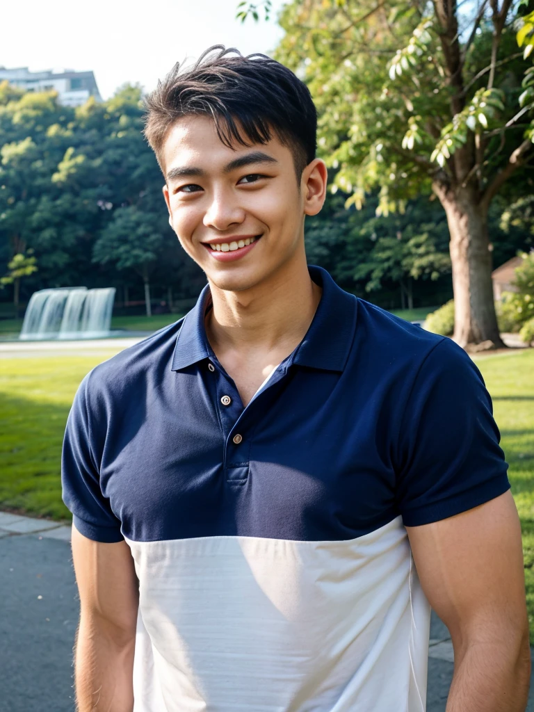 (best quality, 4K, 8k, high resolution, Masterpiece: 1.2), Special details, (realistically, As realistic as a photo, photo realistic: 1.37), Edge lighting, Extra detailed coloring, sharp focus, Physical rendering ,Extremely detailed description,professional,light color,Bokeh,Portrait,look at the viewer, Young Asian man, 20 years old ,(Wear a navy polo shirt.), smile ,Wide yard