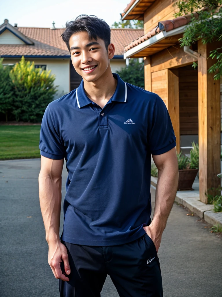 (Create a masterpiece: 1.2),(CGI art:1.3),(realistic:1.5),(After processing:1.3),(Sharp focus:1.3),10,1 man, smile, (Wear a dark gray polo shirt.), Navy cargo pants, Korean guy , korean men, (High gloss details), chest muscles, large arm muscles, blood vessel, Big muscles, Broad shoulders, looking at the audience, Balancing the eyes, rice field