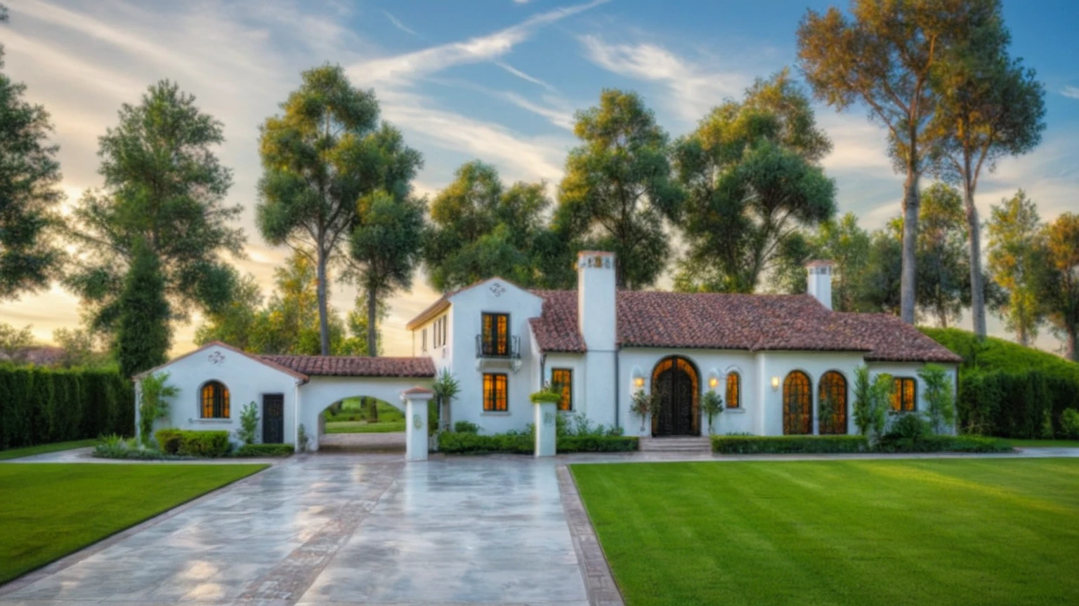 (RAW photo, masterpiece, best quality,ultra-detailed, extremely delicate and beautiful, highresolution, best shadow:1.1), A Mediterranean Italian style home with white stucco walls, black accents and windows, large front yard, vivid color, beautiful shrubs and flower, tropical tree and plants, professional photography in the style of an Italian classic home.