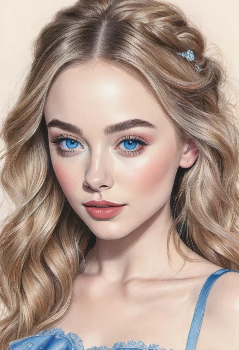 A colored pencil sketch of a beautiful swedish farm wife. crystal blue eyes. rosy complexion. full lips. Sabrina Carpenter. Sudectively dancing in a medow.