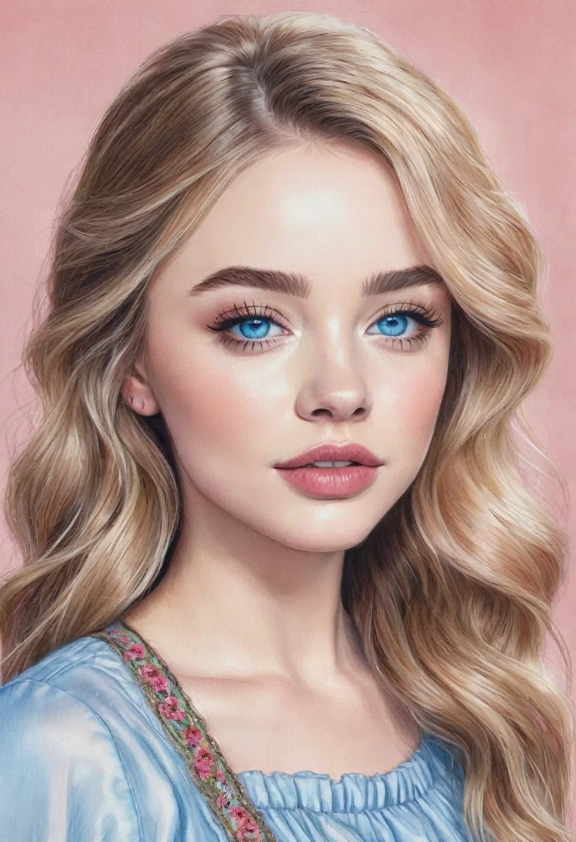 A colored pencil sketch of a beautiful swedish farm wife. crystal blue eyes. rosy complexion. full lips. Sabrina Carpenter. Sudectively dancing in a medow.