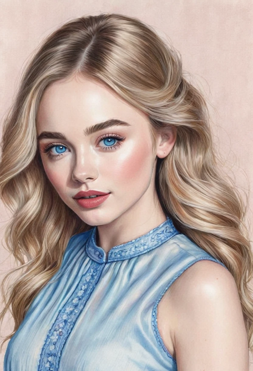 A colored pencil sketch of a beautiful swedish farm wife. crystal blue eyes. rosy complexion. full lips. Sabrina Carpenter. Sudectively dancing in a medow.