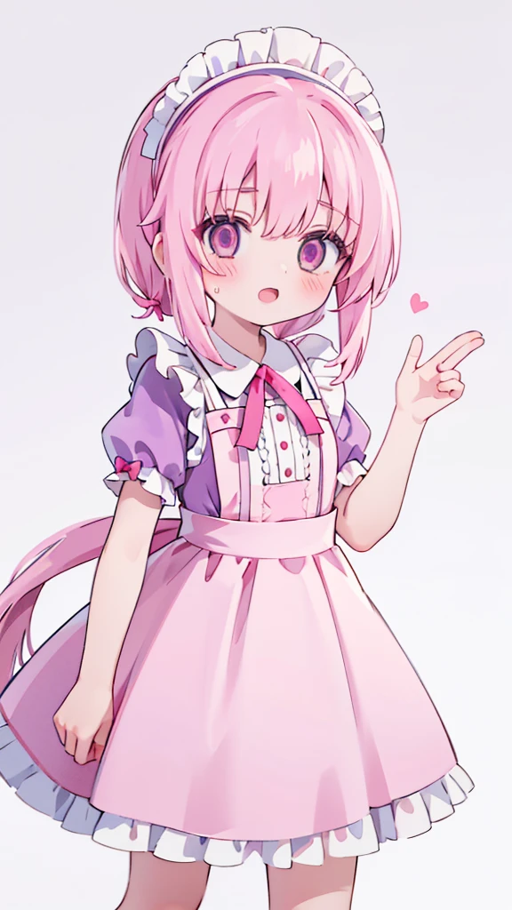 1girl,pink hair, pink eyes with love, detailed eyes, straight hair, straight bangs, shiny hair,short sleeves,looking at viewer, high-definition,masterpiece,best quality, masterpiece, best quality, high resolution, aabeta, double, white simple background, standing, slim waist, cute, super close up selfie, open mouth, laughter, big eyes, pink and purple maid dress, cute,maid victorian, maid apron, straight face, dazed, Body position: Standing, straight, symmetrical, barefoot, pink blush
 (PastelColors: 1.3) 