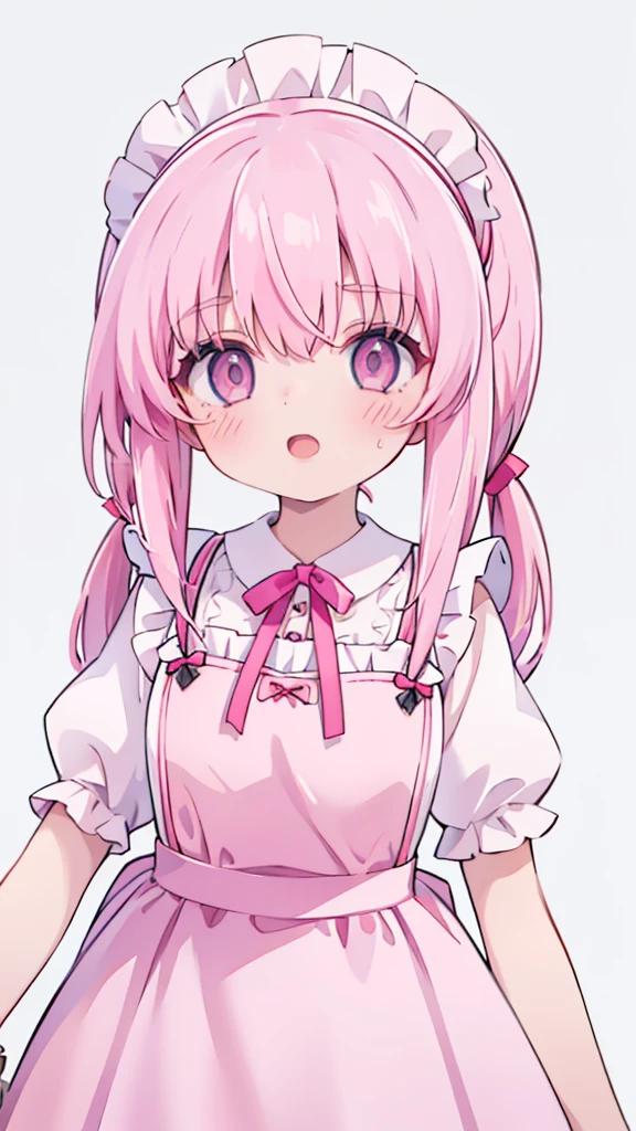 1girl,pink hair, pink eyes with love, detailed eyes, straight hair, straight bangs, shiny hair,short sleeves,looking at viewer, high-definition,masterpiece,best quality, masterpiece, best quality, high resolution, aabeta, double, white simple background, standing, slim waist, cute, super close up selfie, open mouth, laughter, big eyes, pink and purple maid dress, cute,maid victorian, maid apron, straight face, dazed, Body position: Standing, straight, symmetrical, barefoot, pink blush
(PastelColors: 1.3)