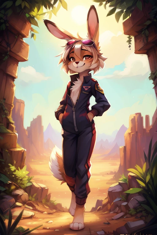 by kenket, by Zackary911, by hyattlen, by teranen, by fumiko, by Pixelsketcher, by Bayard Wu, by Einshelm, by Kilinah, by Hioshiru, by fluff-kevlar, by Dimwitdog, Furry, Anthro, solo, ((bunny)), ((female)), (slender), ((young)), ((fluffy tail)), floppy ears, ears down, short white hair, small breasts, short bunny tail, jump suit, embroidery, crotch zipper, unzipped, chest fluff, erotic, desert, sunglasses on head, ribs, smug, erotic pose, airforce pilot 