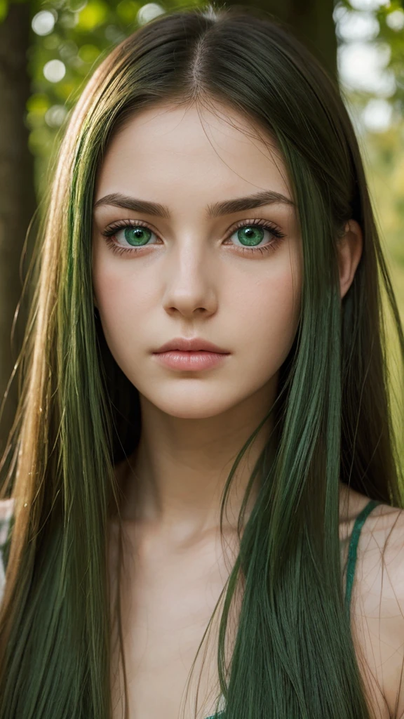 a girl. face sent feeling. Europe. Oval face. long face. delicate facial features. gentle eyes. seductively seductive. green eyes. long straight hair. green hair. sad expression. shy. straight face. outdoor