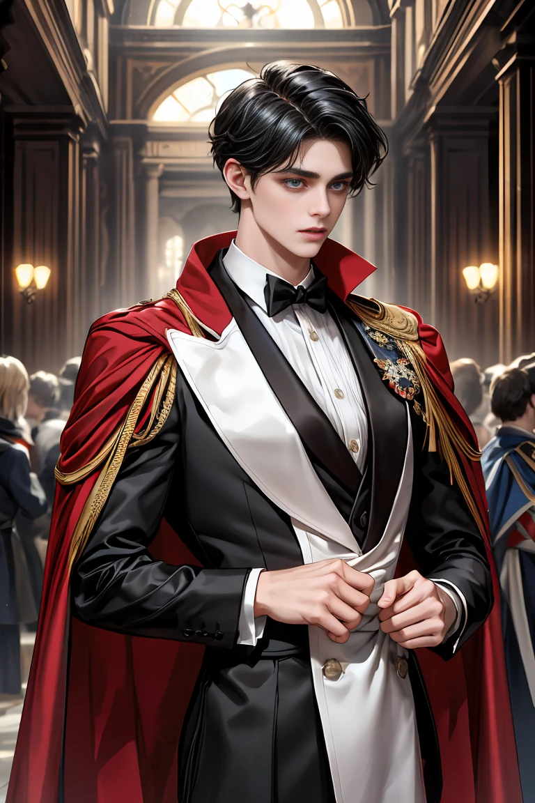 
masterpiece, 最high quality, high quality, 1 boy, alone, Male focus, Watching the audience,  Messy black hair, Adorable big blue eyes, White, Noble, Noble,A black and red cape that is bursting with sexy volume、Tuxedo、A very voluminous, large, very large, very large, long, long red and black cape with a high stand-up collar, made of a lot of fabric that reaches down to the floor., 17 years old,Cute beautiful boys,Cute, cute, kind, handsome guy