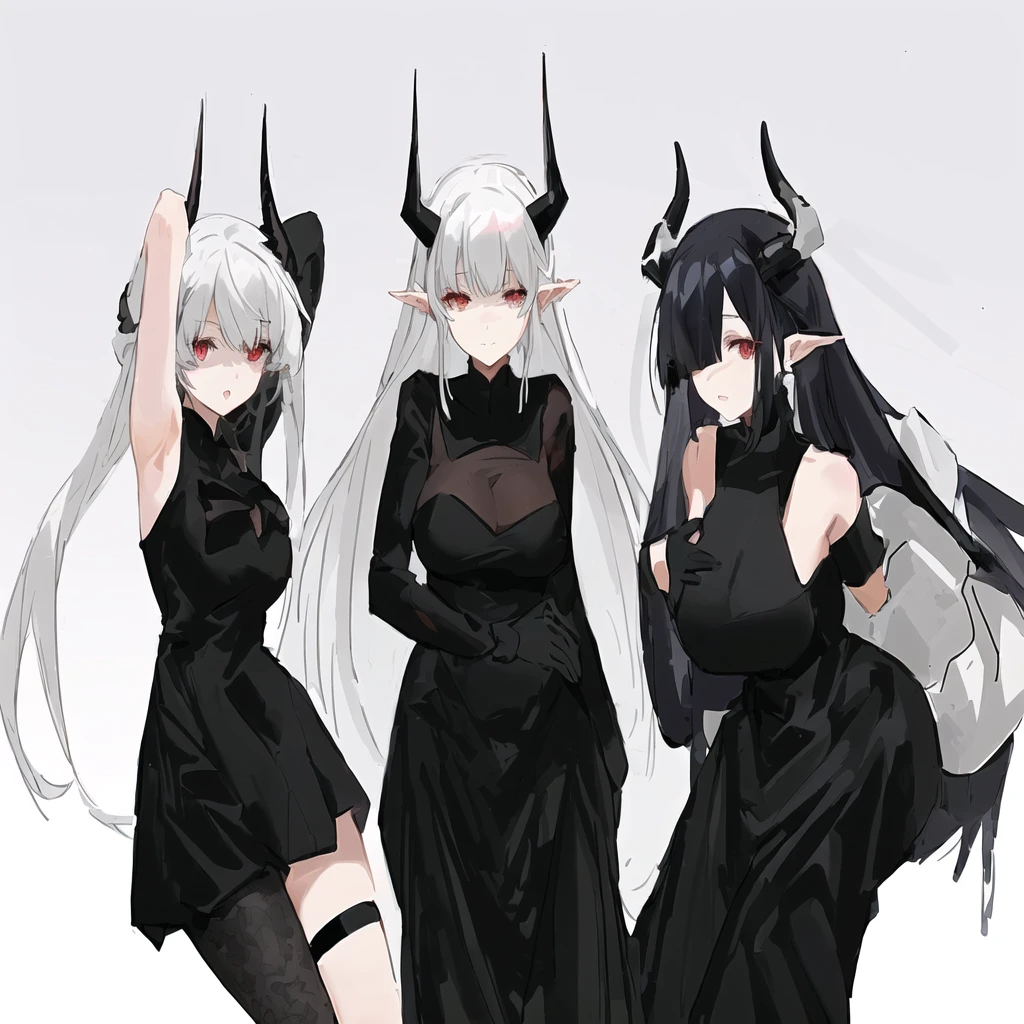 three anime girls in black and white outfits with horns, black horns, demon anime girl, with horns, white horns queen demon, cute horns, demon white horns, demon horns, with black horns instead of ears, devils, pixiv 3dcg, pixiv style, long horns, demon girl, horns and red eyes, ecchi anime style, at pixiv