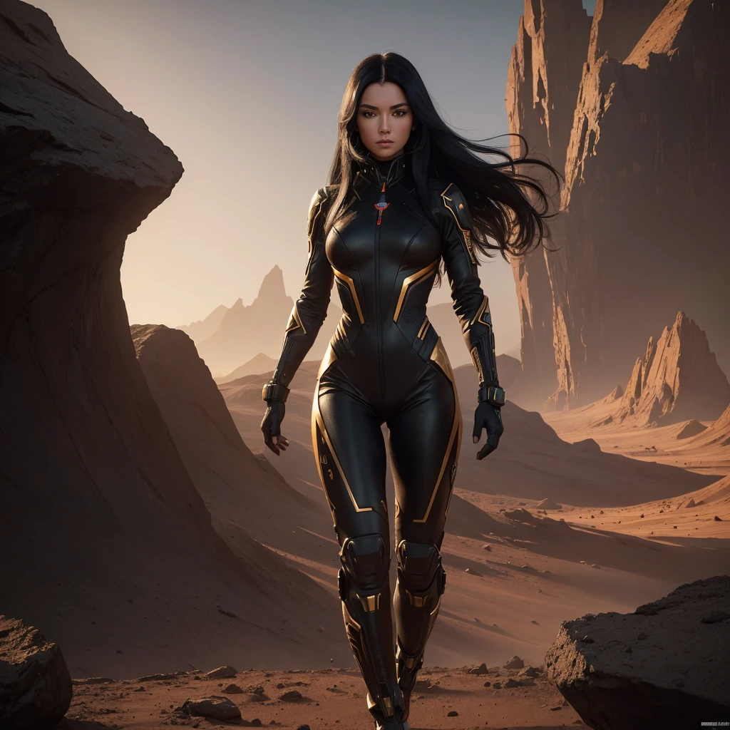 ((best qualityer)), ((work of art)), (detailded), Create the image of a beautiful girl with long black hair. She is wearing a futuristic black warrior jumpsuit with some gold details.. The girl is on the surface of Mars, characterized by its red, rocky terrain and a dramatic Martian sky. No fundo, there is a futuristic fighter plane in the background. The scene should convey a sense of futuristic adventure and science fiction elements. high resolution,