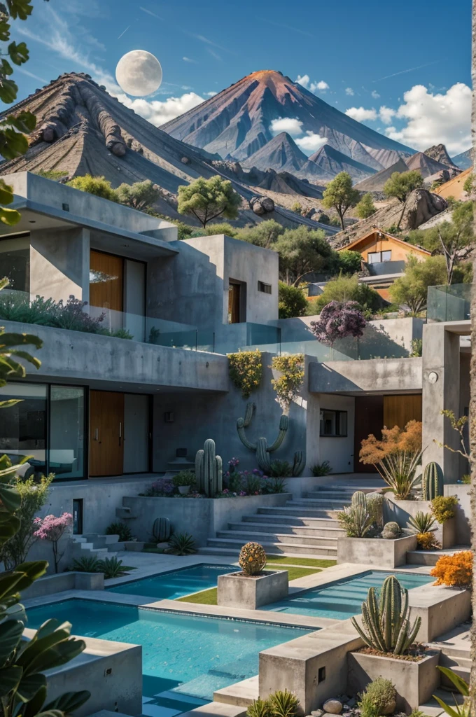 Multiple houses, brutalism style, Luis Barragán, Mountains in background, river, pool, terraces, stairs, garden terraces, trees, beautiful clouds, moon, sun, detailed, cacti, boulders, volcanic rocks, fuggy, river, lake, Violet, orange, olive green, blue, magenta, amazing volcano in horizont, beautiful garden design