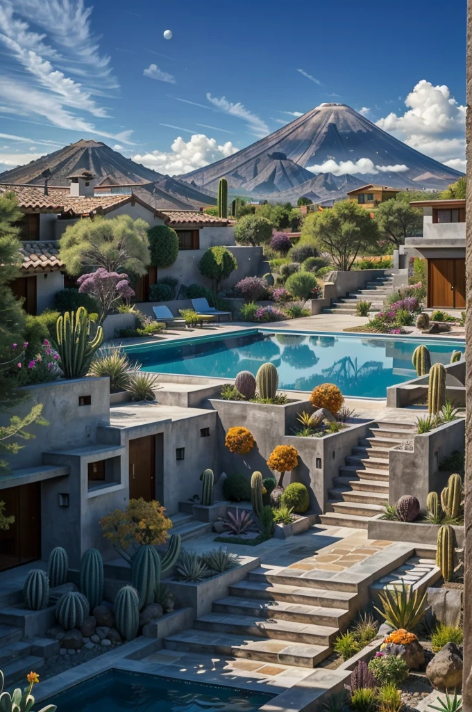 Multiple houses, brutalism style, Luis Barragán, Mountains in background, river, pool, terraces, stairs, garden terraces, trees, beautiful clouds, moon, sun, detailed, cacti, boulders, volcanic rocks, fuggy, river, lake, Violet, orange, olive green, blue, magenta, amazing volcano in horizont, beautiful garden design