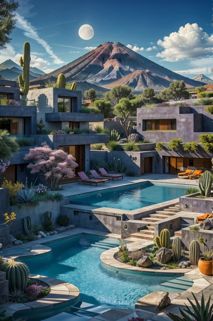 Multiple houses, brutalism style, Luis Barragán, Mountains in background, river, pool, terraces, stairs, garden terraces, trees, beautiful clouds, moon, sun, detailed, cacti, boulders, volcanic rocks, fuggy, river, lake, Violet, orange, olive green, blue, magenta, amazing volcano in horizont, beautiful garden design