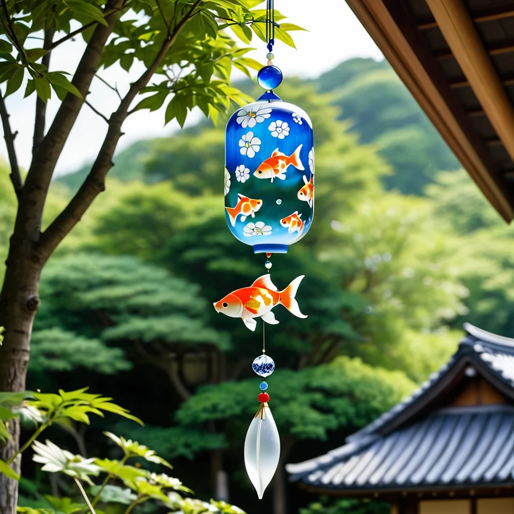 A beautiful Japanese wind chime (fuurin) hanging from the eaves of a traditional wooden house. The wind chime is made of delicate glass with intricate hand-painted designs featuring summer motifs like goldfish, morning glories, and fireworks. The chime has a small wooden clapper that produces a gentle, soothing sound as it sways in the breeze. Below the glass bell, a colorful strip of paper flutters in the wind, adding a sense of movement to the serene scene. The background features a clear blue sky with fluffy white cumulus clouds, emphasizing the bright and peaceful summer day.