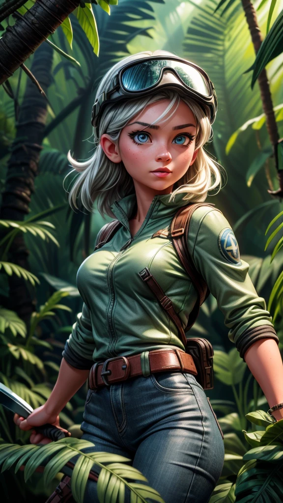 a beautiful young female explorer with silver hair and blue eyes, wearing a helmet and sunglasses, wielding a machete and exploring the jungle, dynamic pose, snake, venomous spider, (best quality,4k,8k,highres,masterpiece:1.2),ultra-detailed,(realistic,photorealistic,photo-realistic:1.37),detailed face, beautiful detailed eyes, beautiful detailed lips, extremely detailed eyes and face, long eyelashes, jungle exploration, dynamic action, highly detailed, photorealistic, vibrant colors, dramatic lighting