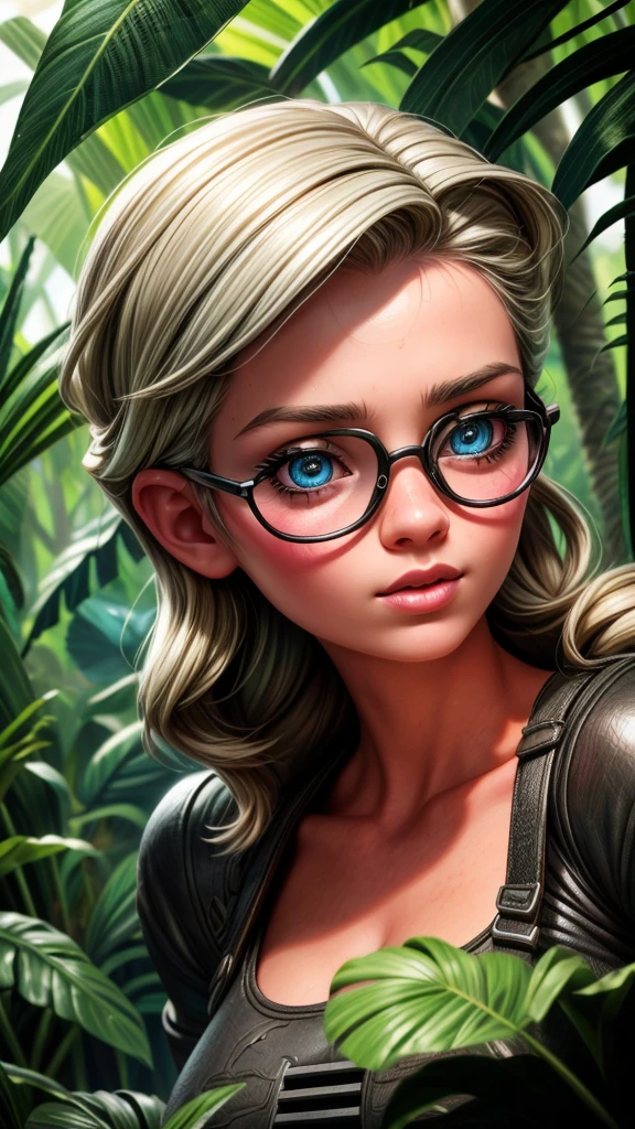 a beautiful young female explorer with silver hair and blue eyes, wearing a helmet and sunglasses, wielding a machete and exploring the jungle, dynamic pose, snake, venomous spider, (best quality,4k,8k,highres,masterpiece:1.2),ultra-detailed,(realistic,photorealistic,photo-realistic:1.37),detailed face, beautiful detailed eyes, beautiful detailed lips, extremely detailed eyes and face, long eyelashes, jungle exploration, dynamic action, highly detailed, photorealistic, vibrant colors, dramatic lighting