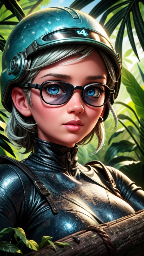 a beautiful young female explorer with silver hair and blue eyes, wearing a helmet and sunglasses, wielding a machete and exploring the jungle, dynamic pose, snake, venomous spider, (best quality,4k,8k,highres,masterpiece:1.2),ultra-detailed,(realistic,photorealistic,photo-realistic:1.37),detailed face, beautiful detailed eyes, beautiful detailed lips, extremely detailed eyes and face, long eyelashes, jungle exploration, dynamic action, highly detailed, photorealistic, vibrant colors, dramatic lighting