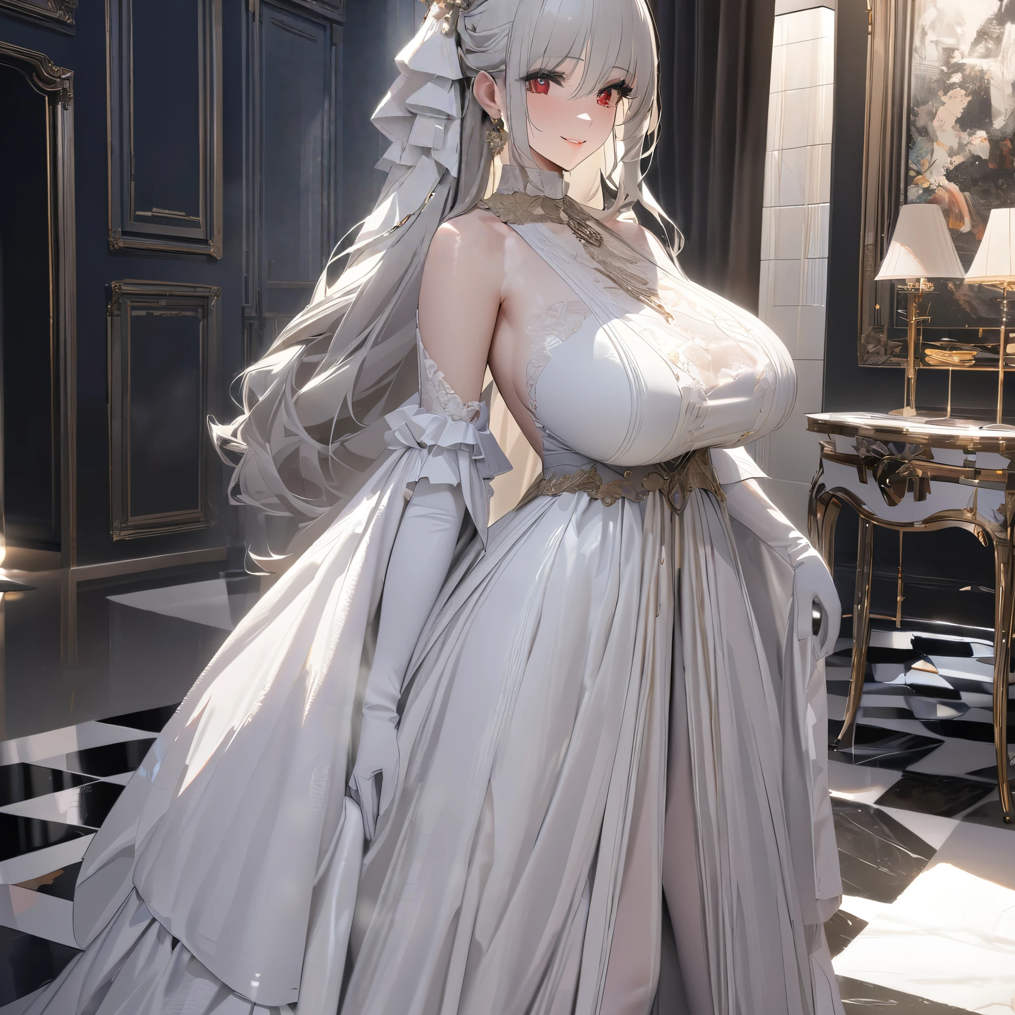 A woman wearing a sophisticated white dress from the 1700s, big breasts, wearing white pantyhose, smiling, red eyes, silver hair, long hair, white gloves, perfect eyes, perfect face, perfect lips, walking in a room with a checkered floor, wall luxury marble, sophisticated lamps, sophisticated paintings,..(solo woman) ,UHD , prime work , accurate , anatomically correct , textured skin , super details , high quality , best quality, 8k, high resolution, bokeh effect, close view,
