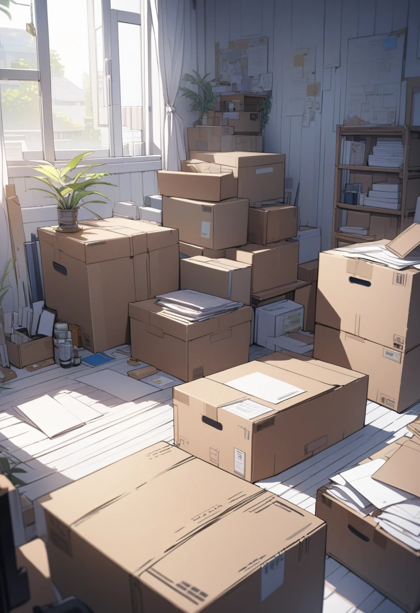 ((background only)),masterpiece, best quality, extremely detailed, ultra detailed, flat anime, 2D, Documents in cardboard boxes, summer, 11AM, livingroom,